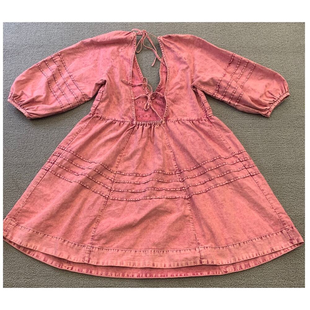 Free People Women's‎ XS Petite Pink Acid Wash Mini Dress Tie Back